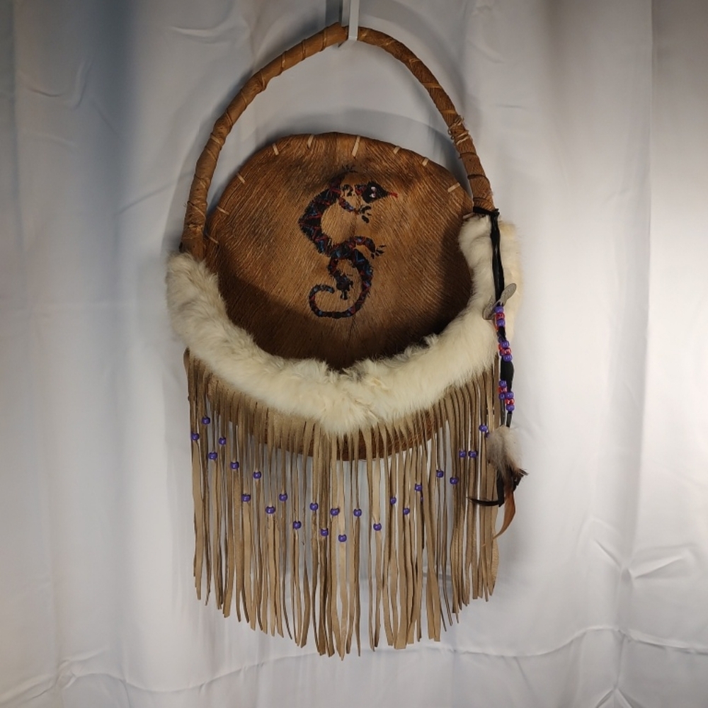SOLLarge 27" X 14" Hand Made Native American Wall Pocket Basket Feathers Fur (S)